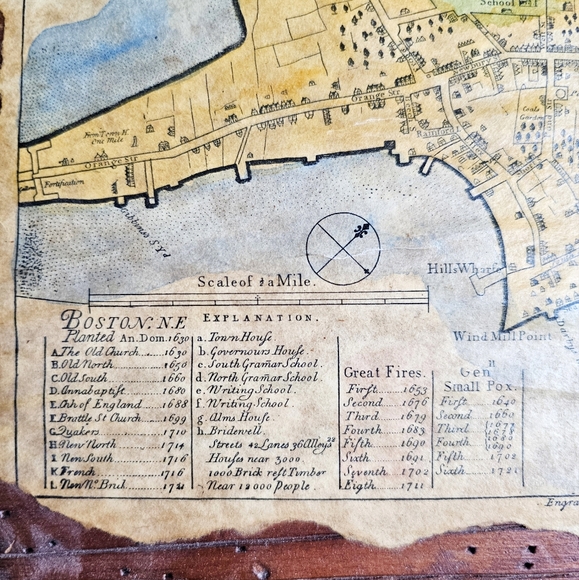 1835 Antique Primitive Map Wood Board Town of Boston New England By John Bonner - Picture 10 of 16
